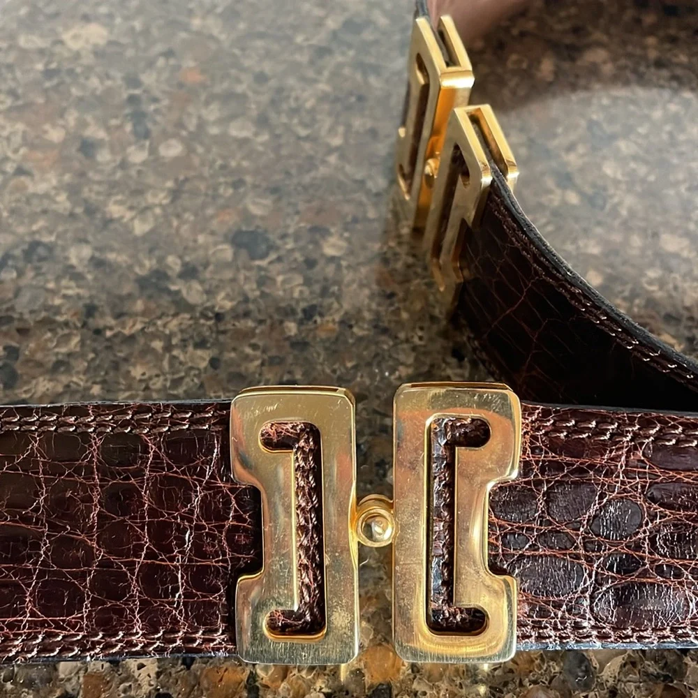 Pierre Cardin Paris France Brown Leather Crocodile Veritable Gold Belt Size 85